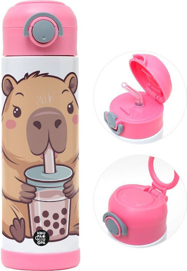 Koupakoupa Capybara Bubble Tea Kids Water Bottle Capybara Stainless Steel with Straw Pink 500ml