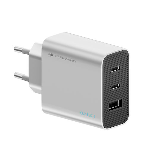 Cuktech Φορτιστής Χωρίς Καλώδιο GaN με Θύρα USB-A και 2 Θύρες USB-C 65W Γκρι