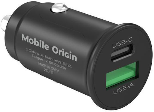 Mobile Origin Φορτιστής Αυτοκινήτου 15W 3A Γρήγορης Φόρτισης με Θύρες: 1xUSB 1xType-C Μαύρο Χρώμα