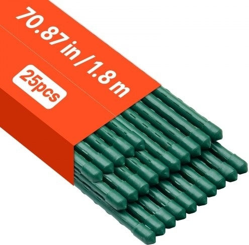Vevor Garden Stakes Pack 25 1800 Mm Metal Tomato Stakes Plastic Coating Garden Rods Plant Support Sharp Tip Anti-Slip Bumps Climbing Plants Vegetables Outdoor