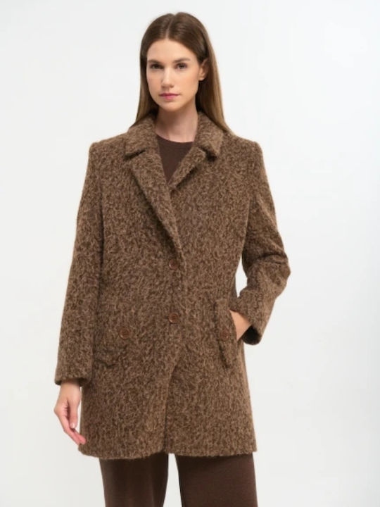 Curly Women's Brown Peacoat with Buttons