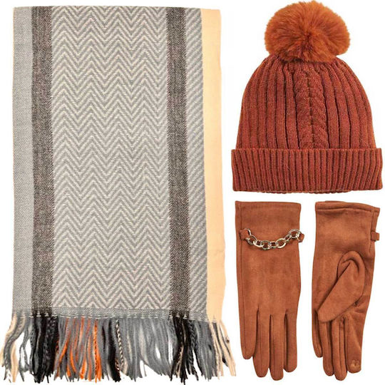 Frauen Set mit Beanie Gestrickt in Braun Farbe