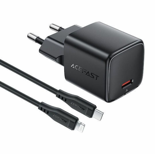 Acefast Charger GaN with USB-C Port and Cable USB-C - Lightning 30W Power Delivery Blacks (A118)