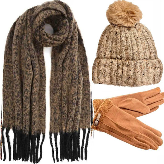 Frauen Set mit Beanie Gestrickt in Braun Farbe