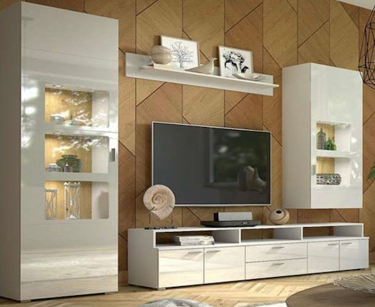 Living Room TV Unit White High Gloss with Showcase & Lighting L300xW60xH203cm
