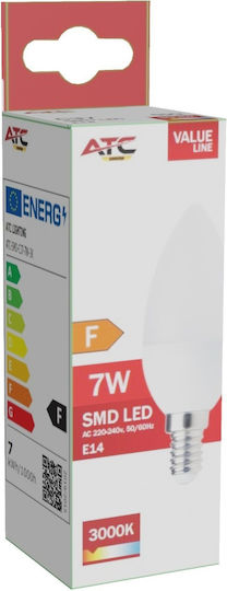 ATC LED Glühbirne 7W 100mm für E14 Fassung und Form C37 Warmweiß 600lm