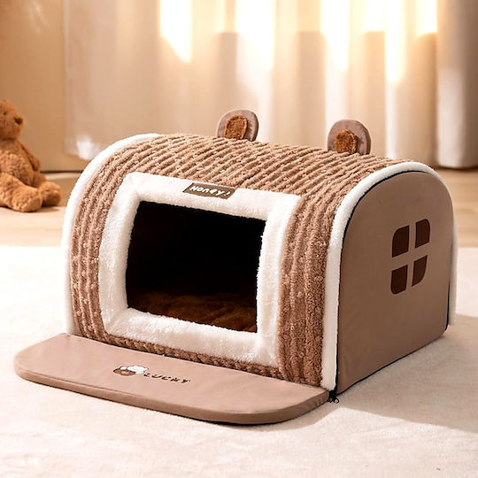 House – Nest for Cat & Dog – 50x40x35cm – Velvet Fabric & Plush Walls – Removable Cushion PP Cotton – Non Slip Bottom – Brown