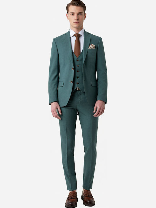 Fragosto Men's Suit with Vest Slim Fit Green
