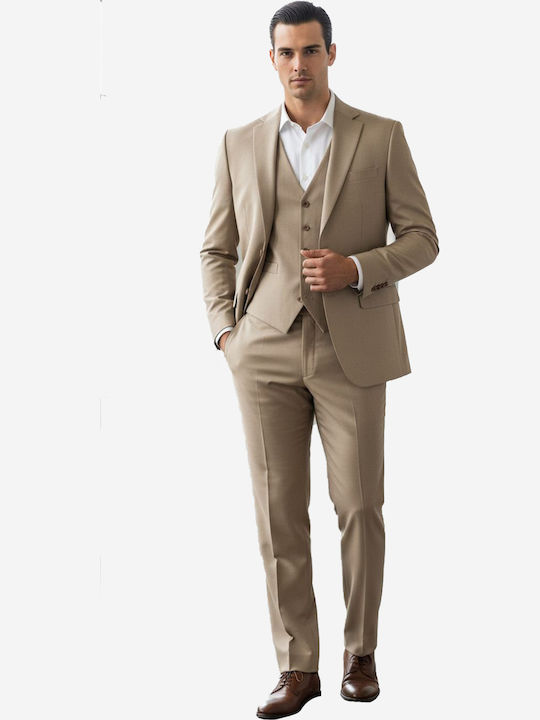 Fragosto Men's Suit with Vest Slim Fit Mocha