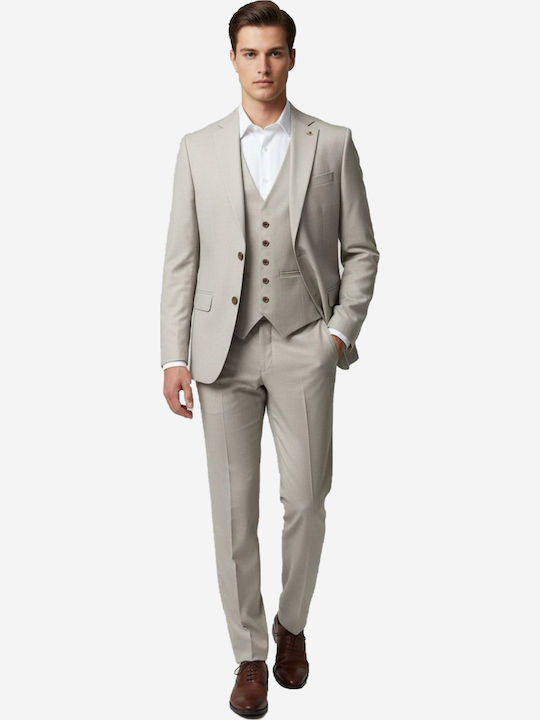 Fragosto Men's Suit with Vest Slim Fit Beige