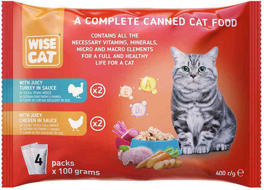 Wise Cat Wet Food for Adult Cats in Pouches with Turkey, Chicken, Meat and Fish 4x100gr