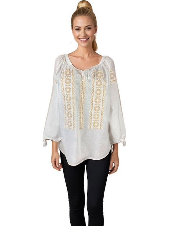 Bluza Damă Bumbac Mânecă Lungă Alb/Crem
