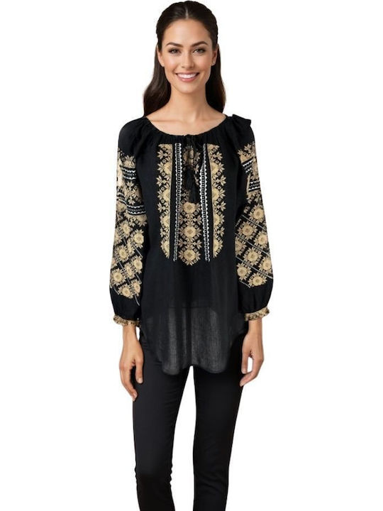 Bluza Damă Bumbac Mânecă Lungă Neagră/Bej