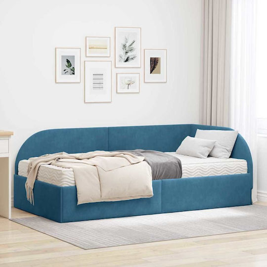Pat Single Tapitat Cu Catifea Albastră Cu Spațiu De Stocare Plăci Și Saltea 80x200cm