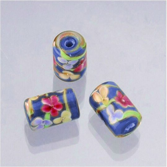 Χάντρα Efco Γυάλινη 10x15mm Μακρόστενη Στρόγγυλη Flowers Μπλε 3τμχ
