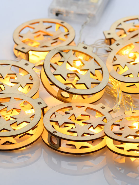 Wooden Christmas Motifs Round Star 10 LED String Battery 3xAA with Timer 6on/18off
