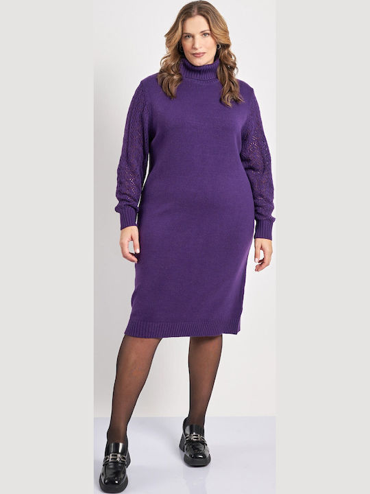 Rochie Tricotată Cu Guler Înalt Violet