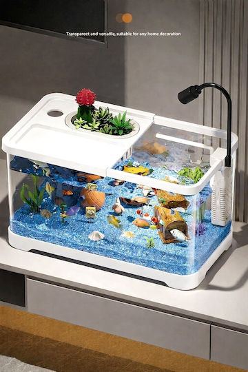 Aquarium 16.5 Liters Pa-16 – Panoramic Plastic 95% Transparency – L37.5xW21xH21cm – White Aquarium + Led Light Warm Yellow 3w + Filter 3.5w