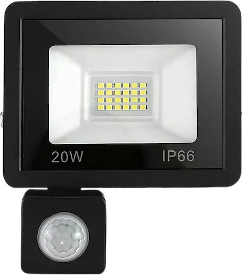 Verk Group Proiector Led Etanș 20W Alb Rece 6000K Cu Senzor De Mișcare Și Fotocelul IP66
