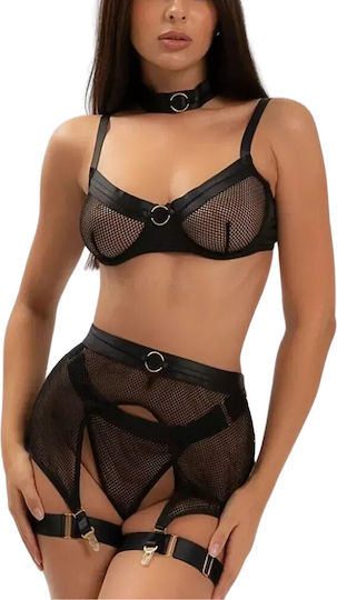 Virginia Mesh Sexy Lingerie Set Underwire Garter Straps Thong Ring Detail