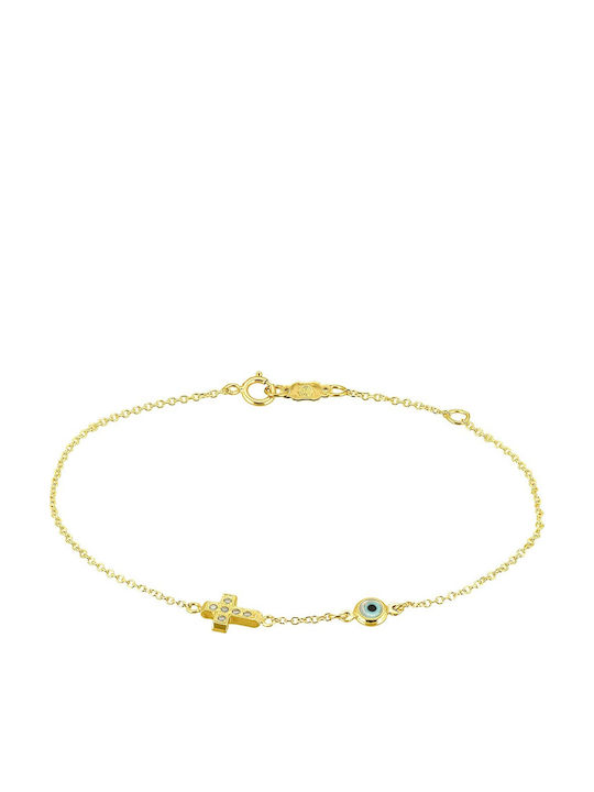 Senzio Belibasakis Kids Bracelet from Gold 9K with Evil Eye, Stones & Σταυρό