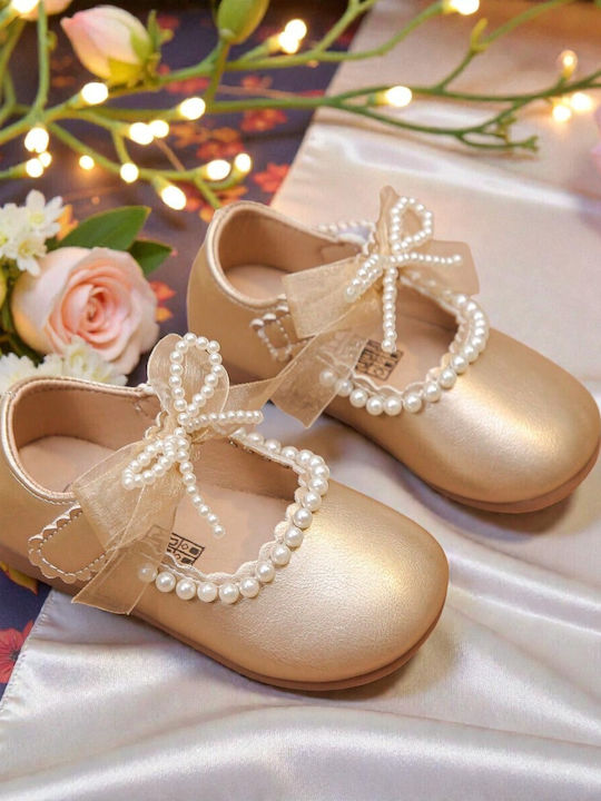 Kids Leather Ballerinas with Hoop & Loop Closure Gold