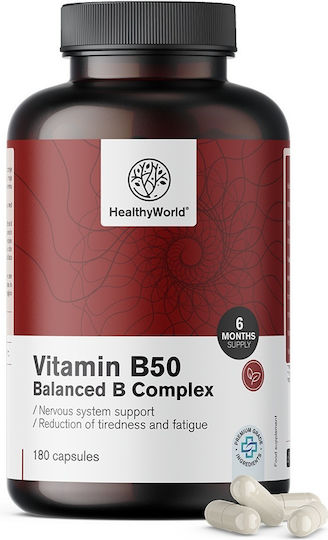 Healthy World Vitamin B50 Complex Βιταμίνη για Ενίσχυση του Ανοσοποιητικού, τα Μαλλιά & τo Δέρμα 50mg 180 κάψουλες