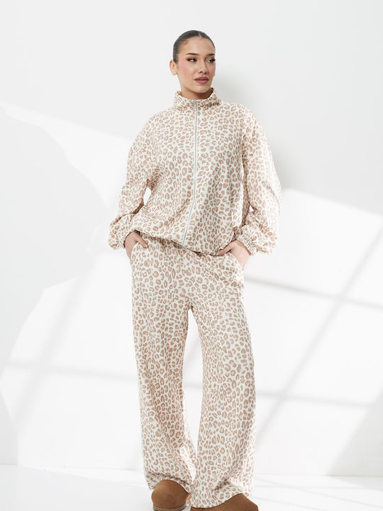 Women's Beige Set with Pants in Loose Fit Leopard