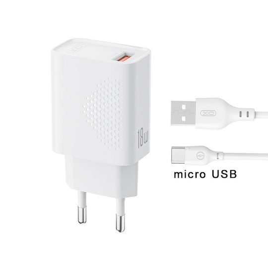 XO Încărcător cu Port USB-A și Cablu micro USB 18W Quick Charge 3.0 Albς (L159)