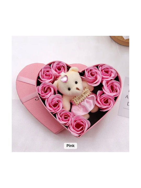 Geschenkbox Herz Pink Teddybär 10 Dekorative Rosen 17x15,5cm