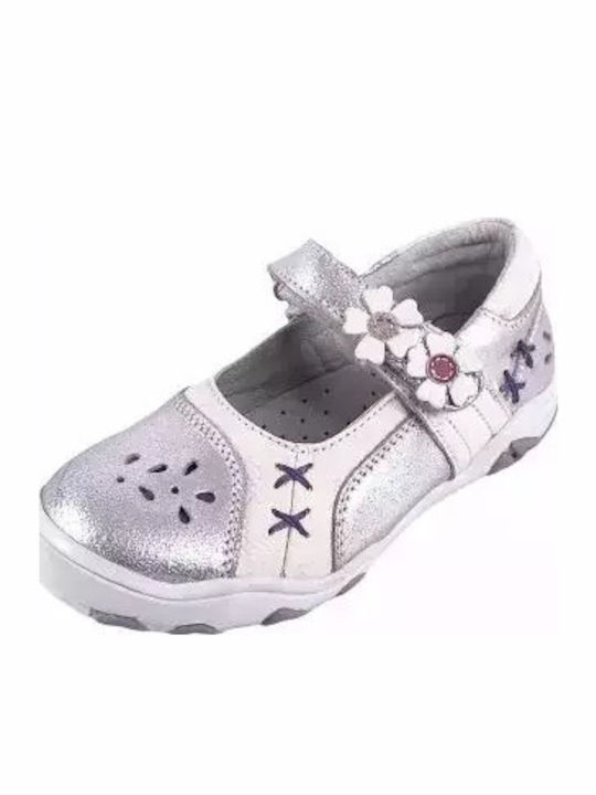 Kids Leather Ballerinas with Hoop & Loop Closure Silver