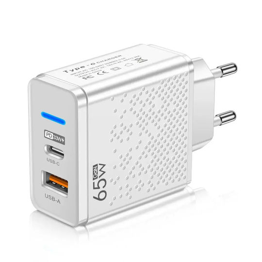 Încărcător Fără Cablu GaN cu Port USB-A și Port USB-C 65W Livrarea energiei / Quick Charge 3.0 Albς