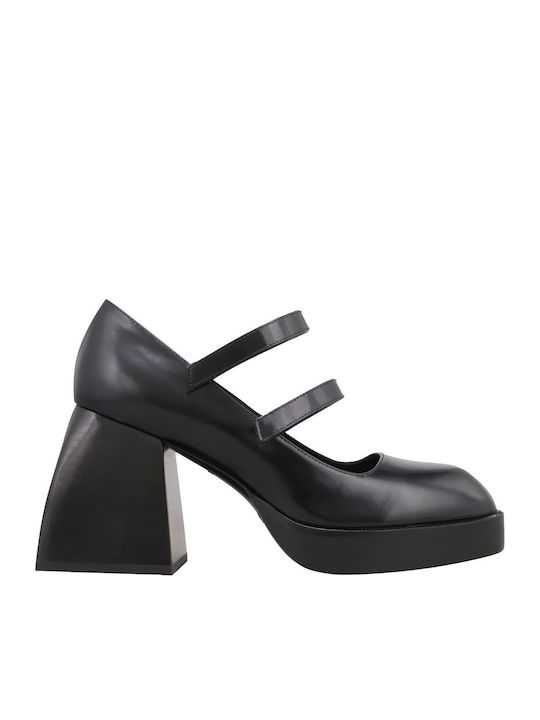Leder Pumps mit Chunky hohem Absatz Schwarz