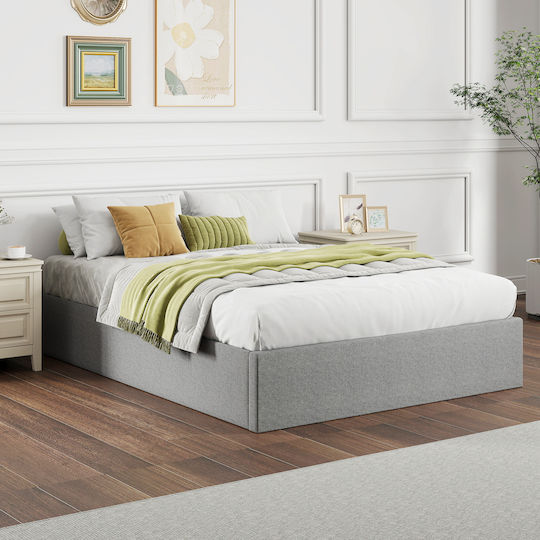 Double Upholstered Bed with Gray Fabric with Storage Space & Slats for 140x190cm Mattress