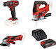 Einhell Pxc Tccd 18/35 Pxc Tcjs 18 Pxc Tcag 18/115 Set Roată unghiulară & Mașină de găurit & Jigsaw 18V cu baterii 2.5Ah