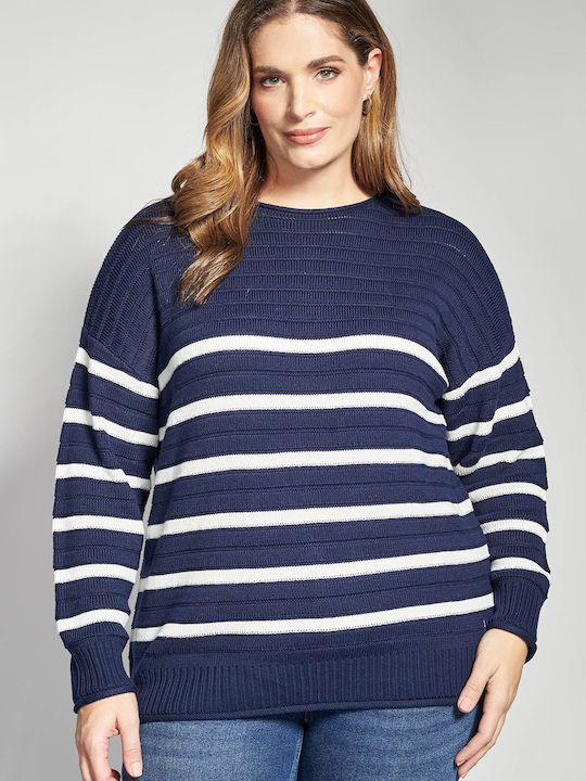 Bluza Damă Mânecă Lungă Pulover cu Decolteu Tip Zâmbet Cu Dungi Albastru