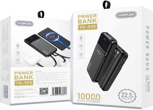 Yesplus YS-925 Външна Батерия 10000mAh 22.5W с USB-A Изходен Порт и 2 USB-C Изходни Порта Power Delivery / Бързо Зареждане Черна