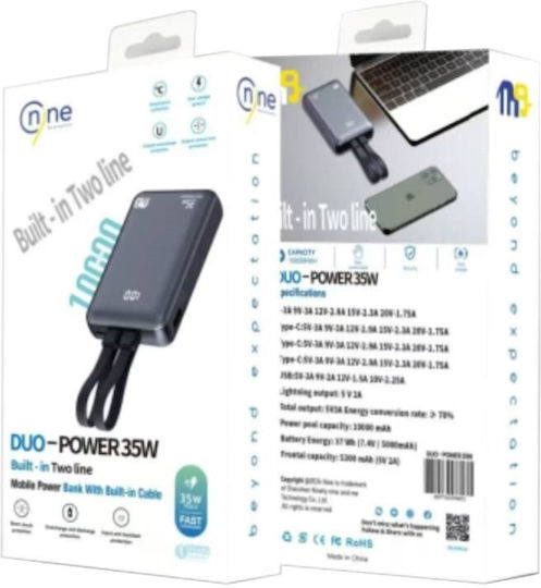 Nine Duo 35w Γρήγορη Φόρτιση Power Bank Καλώδια Type-c Lightning 10000mah Μαύρο