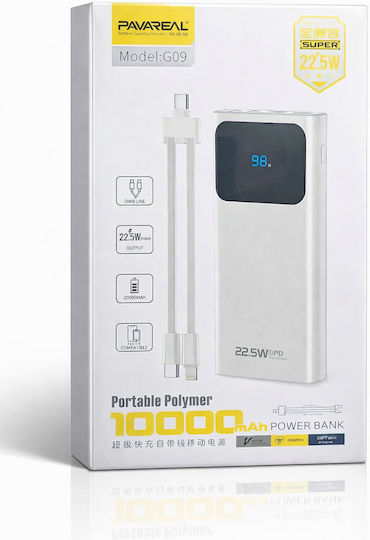 Pavareal G09 Външна Батерия 10000mAh Вграден Кабел Pd 20W & Qc 22.5W Led Дисплей Бяла