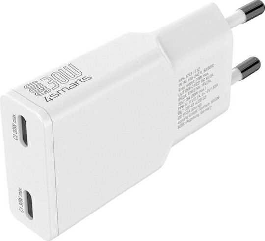 4Smarts Φορτιστής Χωρίς Καλώδιο GaN με 2 Θύρες USB-C 30W Power Delivery Λευκός (Flatplug Slim)