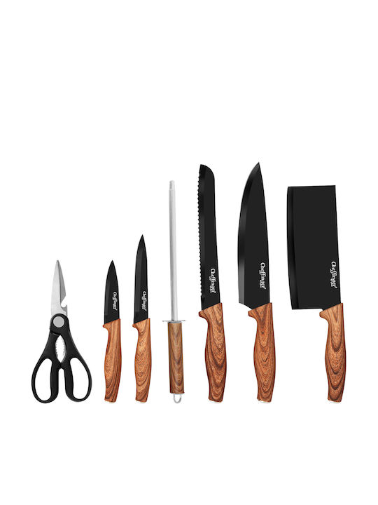 Cheffinger 7-Teiliges Messer Set Mit Holzoptik Griffen Stand Schwarz