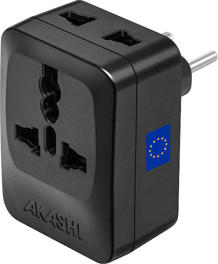 Akashi Travel Adapter Type C Plug Europe China Brazil 3 Outlets Black