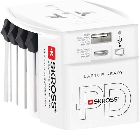 Skross Muv Универсален Пътнически Адаптер Usb-a Usb-c Power Delivery 30w Портове Бял