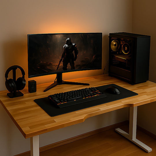 Ηλεκτρικό Γραφείο Skymnos Gaming Διπλό Μοτέρ Μασίφ Ξύλο Δρυς Λευκά Μεταλλικά Πόδια & Ρυθμιζόμενο Ύψος 180x75εκ