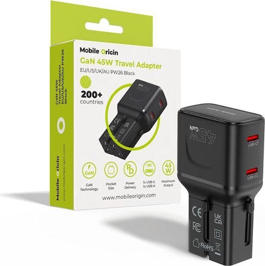 Mobile Origin Φορτιστής Χωρίς Καλώδιο GaN με 2 Θύρες USB-C 45W Power Delivery Μαύρος (PW26)