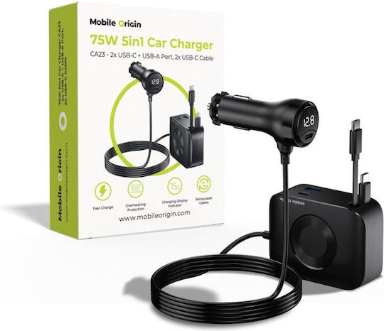 Mobile Origin Car Charger 75W 3A Fast Charging with Ports: 1xUSB 2xType-C with Cable Type-C Black Color