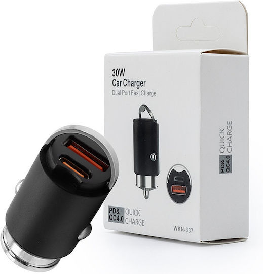 Lech Φορτιστής Αυτοκινήτου 30W με Θύρες: 1xUSB 1xType-C Μαύρο Χρώμα