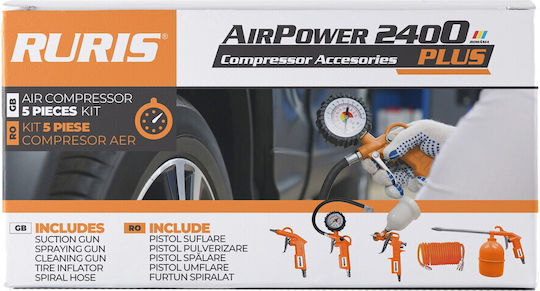 Kit Accesorii Compresor Ruris Airpower2400plus Include Pistol de Suflat Pistol de Pulverizat Pistol de Spălat Pistol de Umflat Furtun Spirală Gri-portocaliu