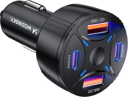 Wozinsky Φορτιστής Αυτοκινήτου 60W 2.5A με Θύρες: 2xUSB 2xType-C Μαύρο Χρώμα