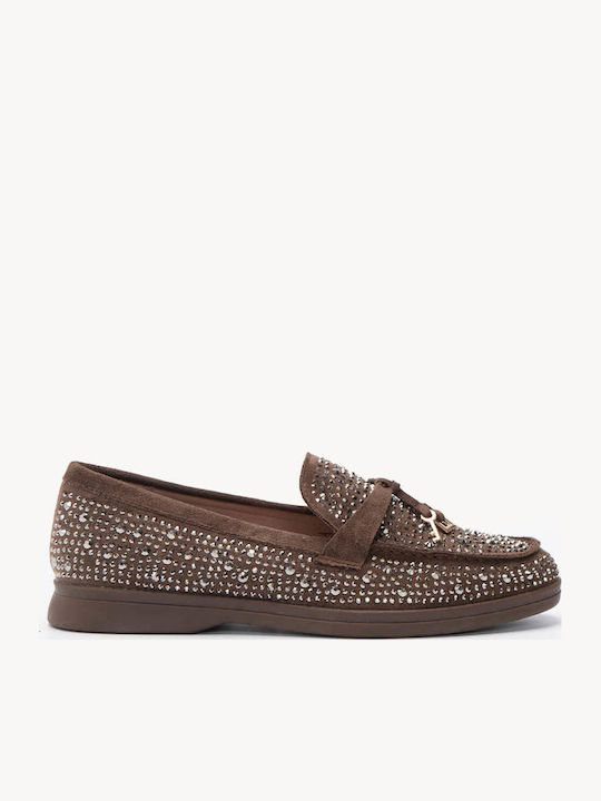 Braune Damen Mokassins mit Strass Dekorativen S...